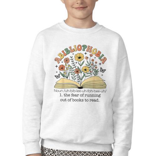 Abibliophobia Wildflower Reading Bookworm Book Reader Youth Crewneck Sweatshirt - Bookorys