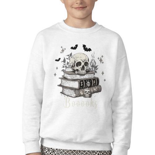 Boo Skeleton Skull Books Halloween Women School Teacher Kid Premium Youth Crewneck Sweatshirt - Bookorys