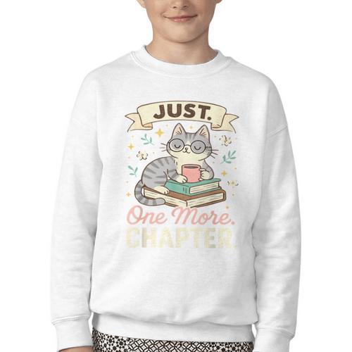 Book Lover Cute Cat Coffee Just 1 More Chapter Cozy Reading Youth Crewneck Sweatshirt - Bookorys CA