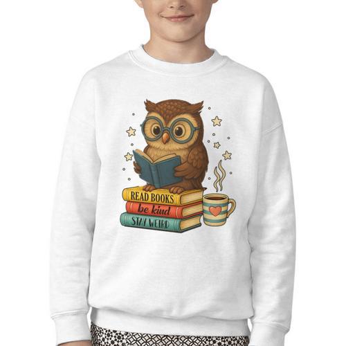 Book Lover Owl Reading Bookish Library Read Books Be Kind Youth Crewneck Sweatshirt - Bookorys