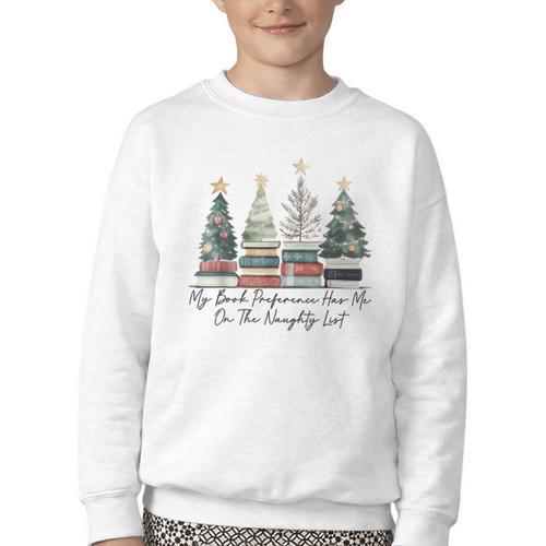 My Book Preference Has Me On The Naughty List Christmas Tree Youth Crewneck Sweatshirt - Bookorys DE
