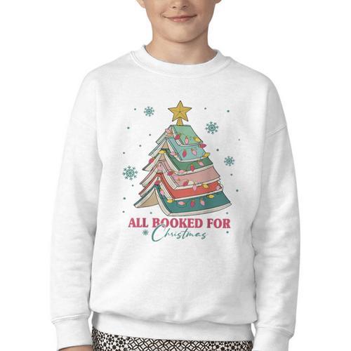 All Booked For Christmas Book Christmas Tree Lights Bookish Youth Crewneck Sweatshirt - Bookorys UK
