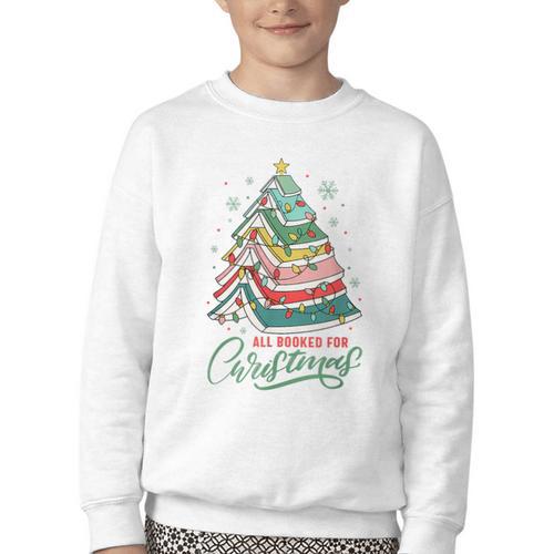 All Booked For Christmas Book Xmas Tree Lights Reading Girly Youth Crewneck Sweatshirt - Bookorys DE