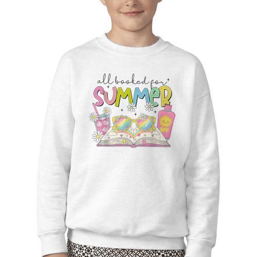 All Booked For Summer Reading Beach Floral Bookish Book Girl Youth Crewneck Sweatshirt - Bookorys