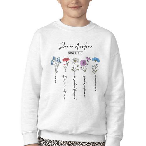 Bookish Feminist Jane Austen Fan Jane Austen Flower Books Youth Crewneck Sweatshirt - Bookorys