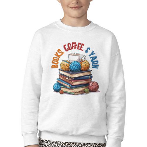 “Books Coffee & Yarn Enthusiast Cozy Reader Youth Crewneck Sweatshirt - Bookorys