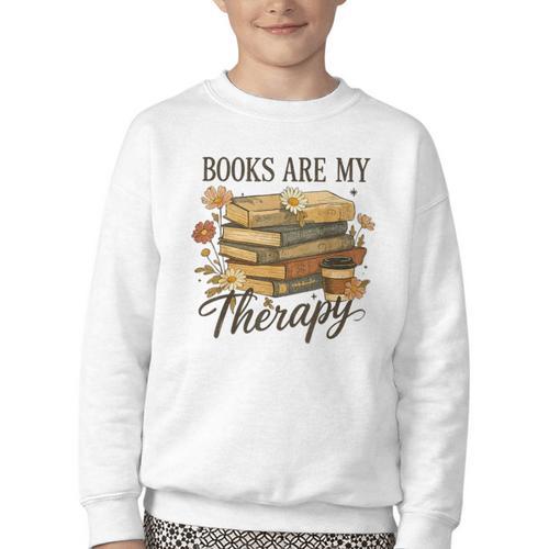Books Are My Therapy Vintage Book Lover Daisy Art Youth Crewneck Sweatshirt - Bookorys UK
