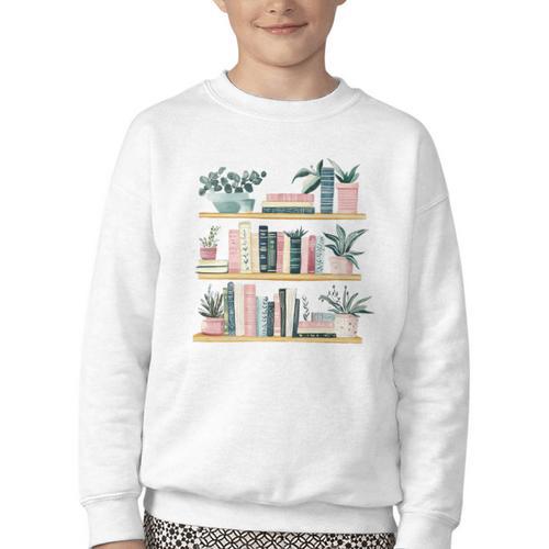 Bookshelves With Books & Plants Premium Youth Crewneck Sweatshirt - Bookorys
