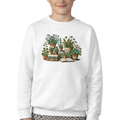 Botanical Garden Plants With Books Youth Crewneck Sweatshirt - Bookorys
