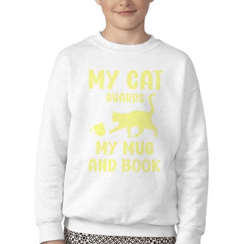My Cat Guards My Mug And Book Humor Cats Premium Tri-Blend Youth Crewneck Sweatshirt - Bookorys AU