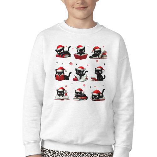 Cat Reading Books Lover Christmas Cat Lover Xmas Youth Crewneck Sweatshirt - Bookorys DE