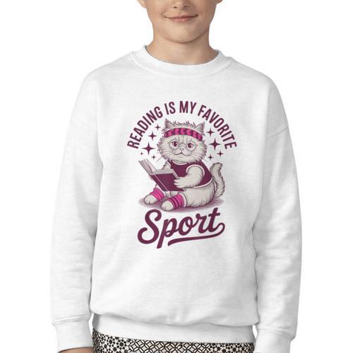 Cat Reading Is My Favorite Sport Retro Book Lover Youth Crewneck Sweatshirt - Bookorys AU