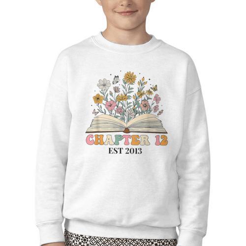 Chapter 12 Years Old 12th Birthday Wildflower Book Lover Youth Crewneck Sweatshirt - Bookorys AU