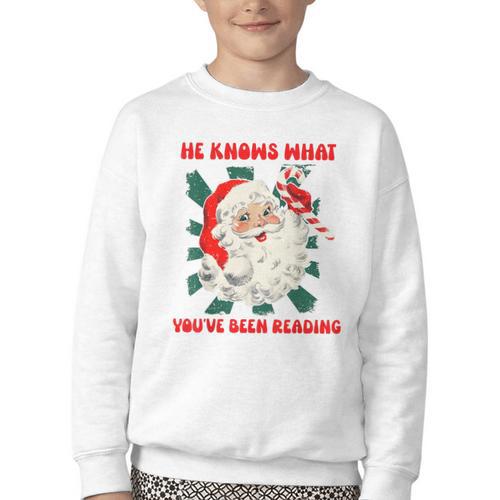 Christmas Bookish He Knows What You'Ve Been Reading Women Youth Crewneck Sweatshirt - Bookorys DE