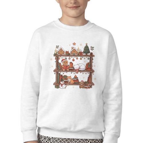 Christmas Cats Bookshelf Gingerbread Youth Crewneck Sweatshirt - Bookorys DE