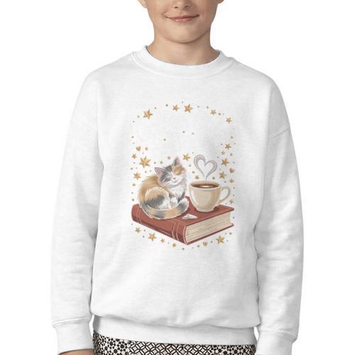 Coffee Cats & Books Cute Cat Book Lover Reading Youth Crewneck Sweatshirt - Bookorys