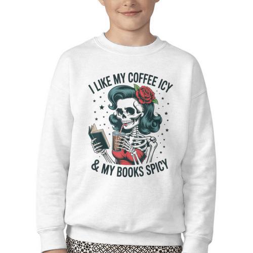 I Like My Coffee ICY & My Books Spicy For Book Lovers Youth Crewneck Sweatshirt - Bookorys DE