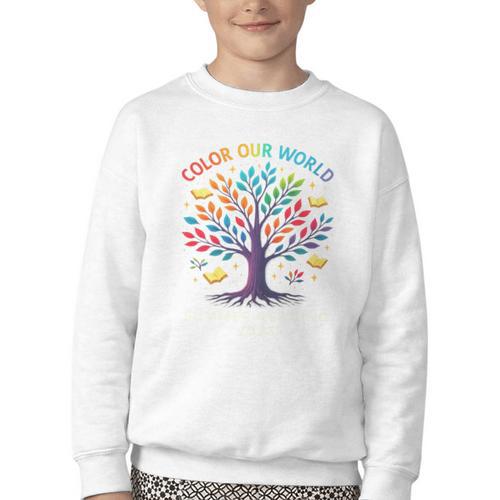 Color Our World Summer Reading Program 2025 Trippy Book Tree Youth Crewneck Sweatshirt - Bookorys CA