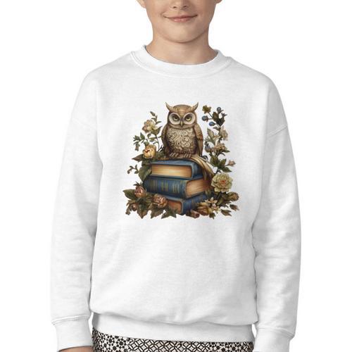 Cottagecore Aesthetic Floral Owl Books Youth Crewneck Sweatshirt - Bookorys