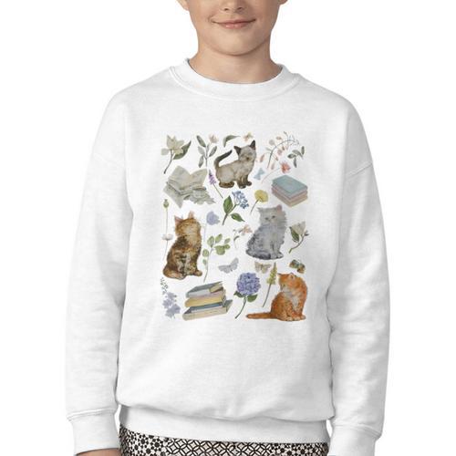 Cottagecore Cats And Books Floral Vintage Aesthetic Bookish Youth Crewneck Sweatshirt - Bookorys AU