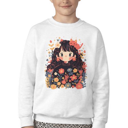 Cottagecore Wild Flowers Book Reader Cat Nature Soft Youth Crewneck Sweatshirt - Bookorys AU