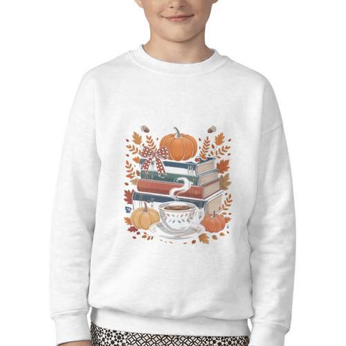 Cozy Autumn Books Fully Booked For Fall Books Pumpkin Youth Crewneck Sweatshirt - Bookorys CA