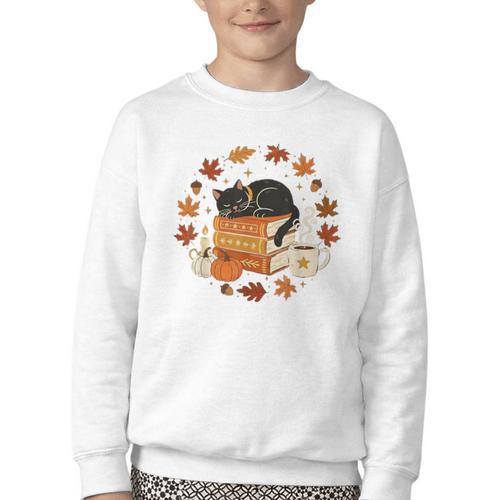 Cute Cat Fall In Love With Reading Book Cat Lover Librarian Youth Crewneck Sweatshirt - Bookorys CA
