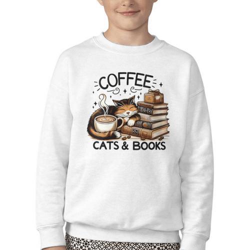 Cute Coffee Cats Books Lover Idea Women Men Kids Youth Crewneck Sweatshirt - Bookorys AU