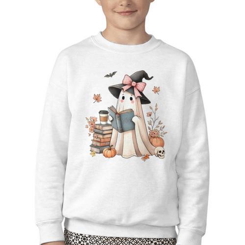 Cute Ghost Reading Book Librarian Book Lover Youth Crewneck Sweatshirt - Bookorys AU