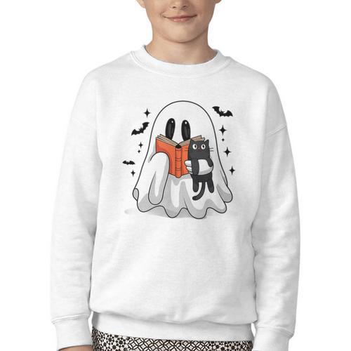 Cute Halloween Ghost Reading Book Youth Crewneck Sweatshirt - Bookorys AU