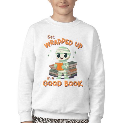 Cute Halloween Teacher Librarian Mummy Reading Books Youth Crewneck Sweatshirt - Bookorys