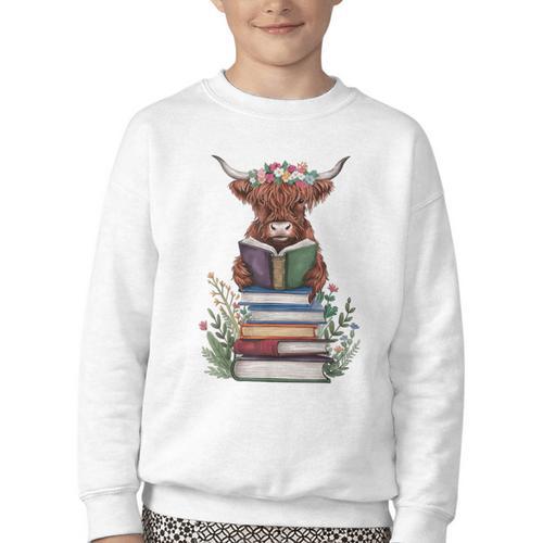 Cute Highland Cow With Book Floral Bookworm Librarian Book Youth Crewneck Sweatshirt - Bookorys