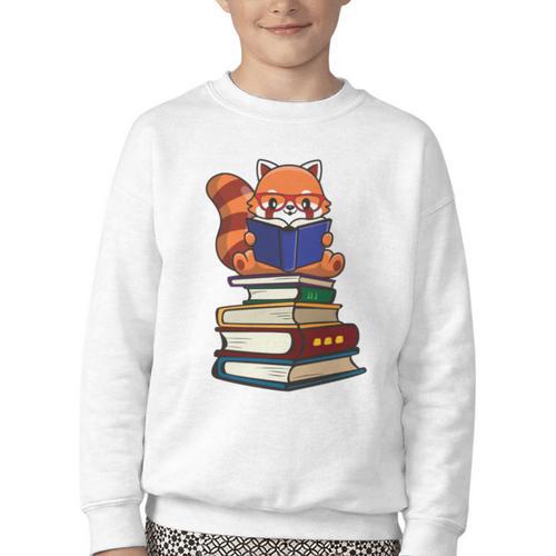 Cute Kawaii Kids Reading Books Glasses Red Panda Lover Youth Crewneck Sweatshirt - Bookorys UK
