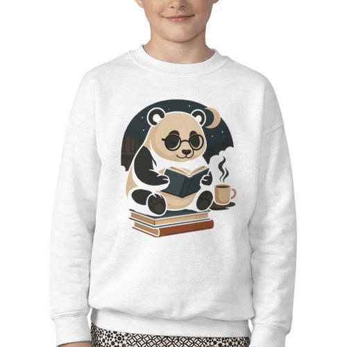 Cute Panda Reading Book Under Moon Bookworm Coffee Lover Youth Crewneck Sweatshirt - Bookorys AU