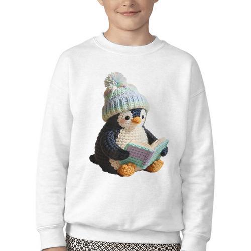 Cute Penguin Reading Book Faux-Crochet Print Youth Crewneck Sweatshirt - Bookorys