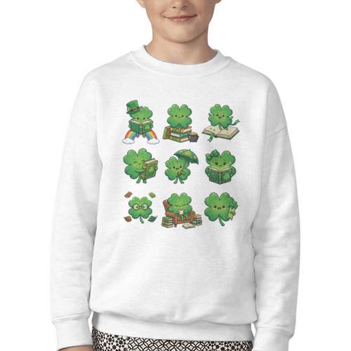 Cute Shamrock Reading St Patricks Day Teacher Book Lovers Youth Crewneck Sweatshirt - Bookorys DE