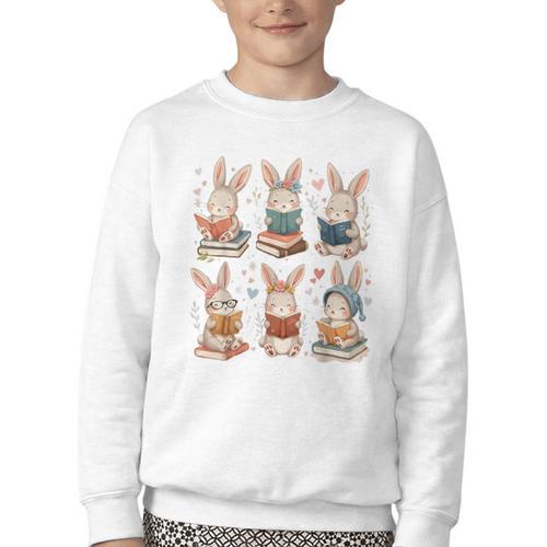 Cute Teacher Bunny Rabbit Reading Easter Bunnies Book Lovers Youth Crewneck Sweatshirt - Bookorys
