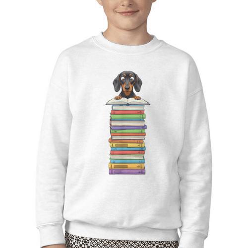 Cute Wiener Dog Dachshund Reading On Pile Of Books Youth Crewneck Sweatshirt - Bookorys DE