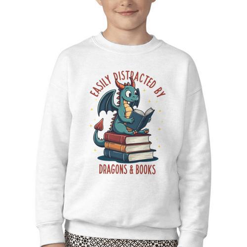 Dark Romance Romantasy Easily Distracted By Dragons & Books Youth Crewneck Sweatshirt - Bookorys