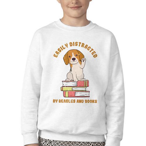 Easily Distracted By Beagles And Books Beagle Dog Youth Crewneck Sweatshirt - Bookorys DE
