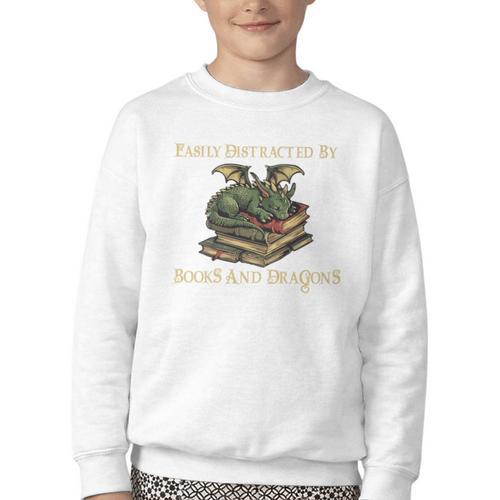 Easily Distracted By Books And Dragons Graphic Premium Youth Crewneck Sweatshirt - Bookorys