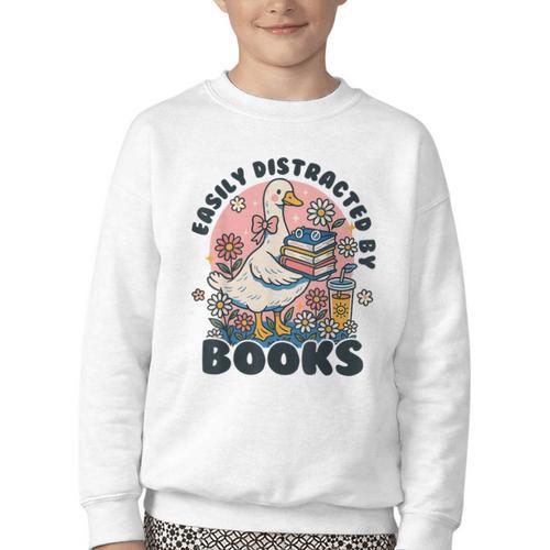 Easily Distracted By Books Read Goose Lover Bookworm Reading Youth Crewneck Sweatshirt - Bookorys