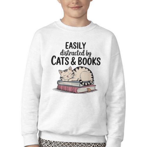 Easily Distracted By Cats And Books Cute Book Lover Youth Crewneck Sweatshirt - Bookorys DE