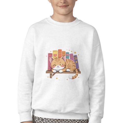 Easily Distracted By Cats And Books Cute Cat Sleeping Girls Youth Crewneck Sweatshirt - Bookorys CA