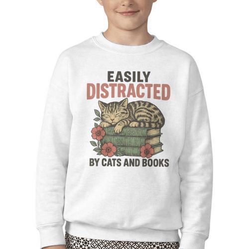 Easily Distracted By Cats And Books Vintage Youth Crewneck Sweatshirt - Bookorys AU