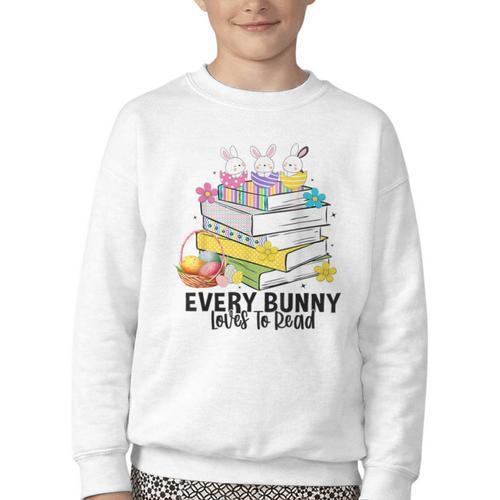 Every Bunny Loves To Read Easter Cute Reading Books Lover Youth Crewneck Sweatshirt - Bookorys