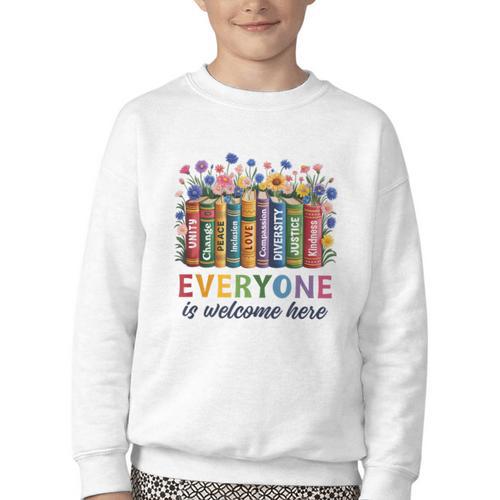 Everyone Is Welcome Here Floral Book LGBT Pride Equality Youth Crewneck Sweatshirt - Bookorys CA