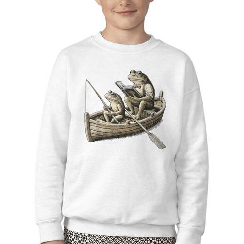 Frog Frogs Fishing & Book Vintage Classic Cottagecore Frog Youth Crewneck Sweatshirt - Bookorys