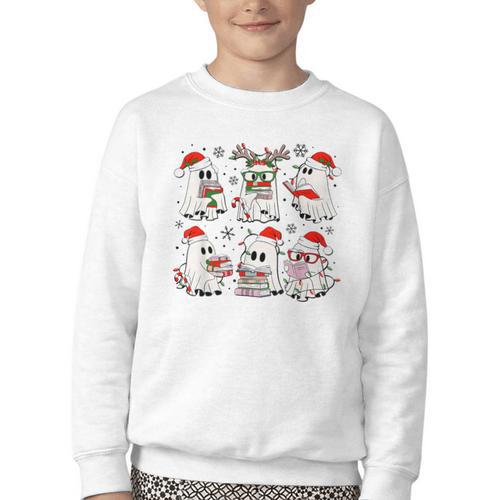 Ghost Book Reading Christmas Books Lover Teacher Kids Youth Crewneck Sweatshirt - Bookorys