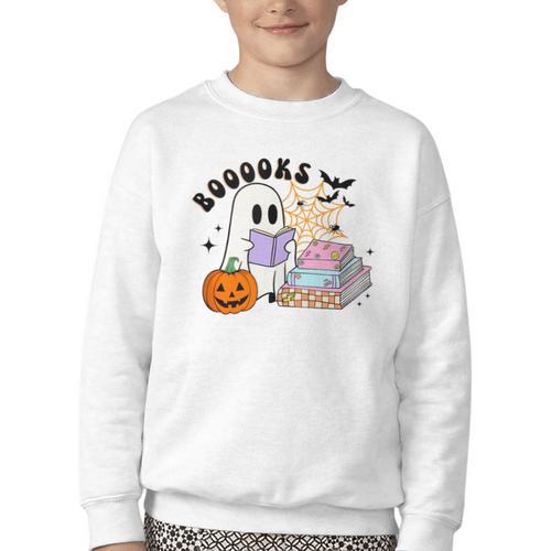 Ghost Reading Halloween Women Teacher Book Lover Youth Crewneck Sweatshirt - Bookorys AU